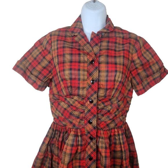 Vintage 40s 50s Vicky Vaughn Day Dress Womens S Red Plaid Button Front Fit Flare - Picture 2 of 12